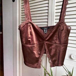 Brown Lace Trim Satin tank